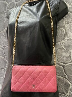 Authentic Chanel Pink Quilted Caviar Leather Flap L Yen Long Wallet
